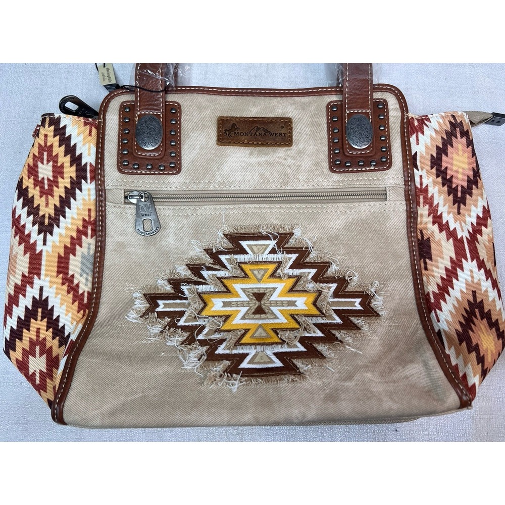 Montana West Tan Western Aztec Print Purse Inner/Outter Ziper Pockets NWT 15" - Picture 4 of 9